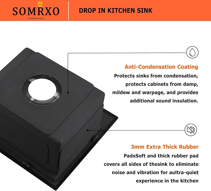 15x15 Black Bar Sink Drop In - 16 Gauge Black Stainless Steel Small Kitchen Sink, 9" Deep Single Bowl Workstation Sinks with Accessories for RV, Outdoor Kitchen & Wet Bar