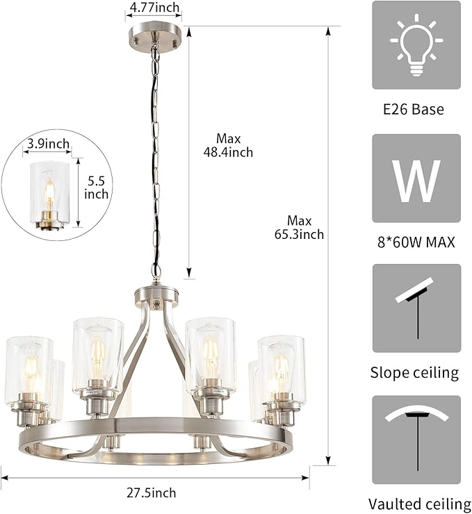 Lanhall 8-Light Modern Chandeliers for Dining Room Light Fixture Brushed Nickel Kitchen Chandelier Ceiling Hanging Pendant Lighting with Glass Shade for Living Room Entryway Adjustable Height E26