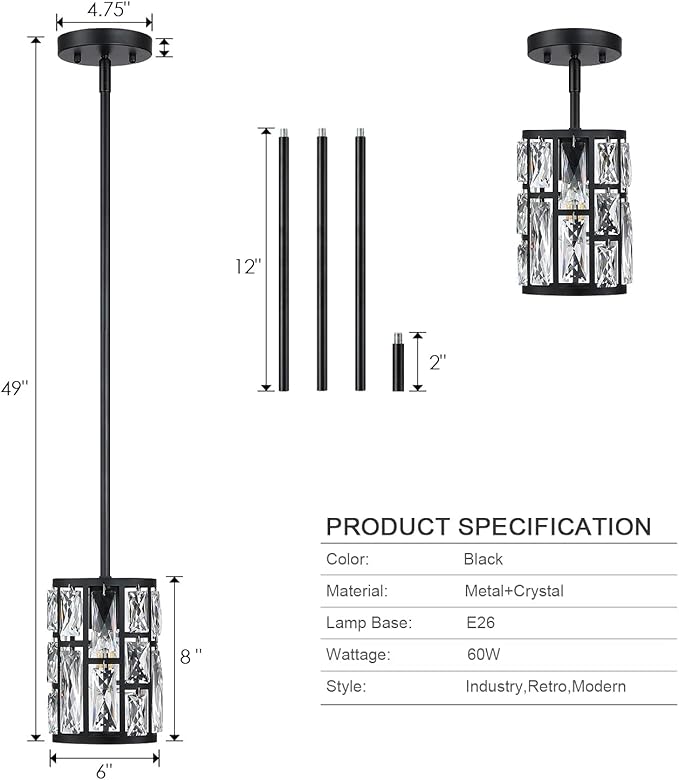 MEXO Black Crystal Pendant Light Fixture Modern Hanging Lighting Mini Crystal Chandelier for Kitchen Island Dinning Room Living Room Hallyway Porch Bedroom Lamp