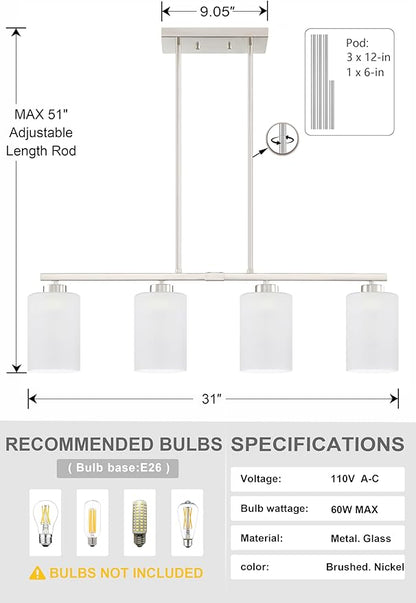 Doraimi Lighting 4 Light Modern Indoor Hanging Kitchen Island Light Brushed Nickel Finish Frosted Glass Chandelier Shade for Bar Dining Room Kitchen Island Over Sink
