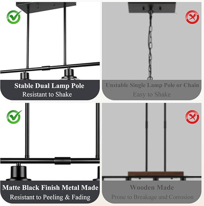 Dining Room Light Fixture Over Table, 4-Light Kitchen Island Lighting Hanging, Farmhouse Linear Chandelier for Dining Room, Matte Black Pendant Light Fixtures with Clear Glass Shade for Kitchen Island