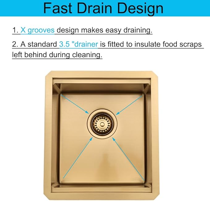 Brass Bar Sink Undermount, 15 x 17 Inch Small Wet Bar Prep Sink 16 Gauge SUS304 Stainless Steel Outdoor RV Single Bowl Basin