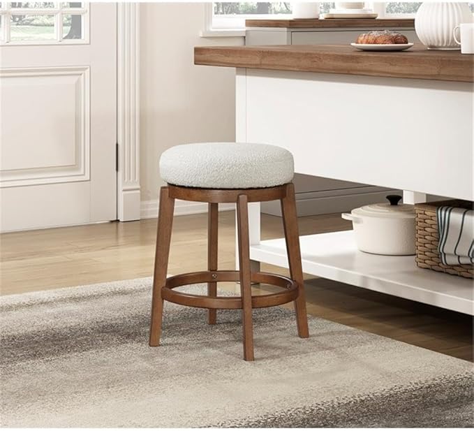 Pemberly Row Boucle Upholstered Swivel Counter Height Chair, Solid Wood Frame, White, 17.5 x 17.5 x 26.5 in, Modern Design, Comfortable Kitchen Island or Bar Seating