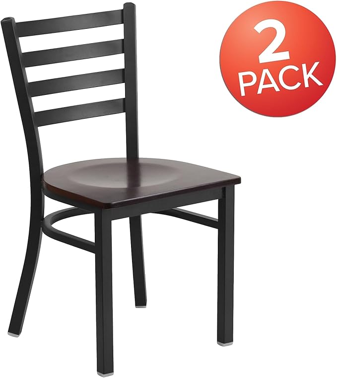 Flash Furniture 2 Pack HERCULES Series Black Ladder Back Metal Restaurant Chair - Walnut Wood Seat