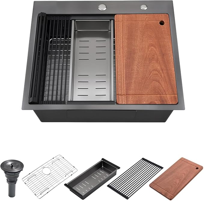 25 Black Drop in Kitchen Sink, Luckyhorse 16 Gauge Nano Black Stainless Steel 25x22 Deep Drop In Workstation Kitchen Sink LH004SB