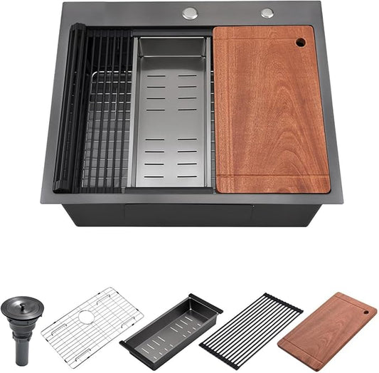 25 Black Drop in Kitchen Sink, Luckyhorse 16 Gauge Nano Black Stainless Steel 25x22 Deep Drop In Workstation Kitchen Sink LH004SB