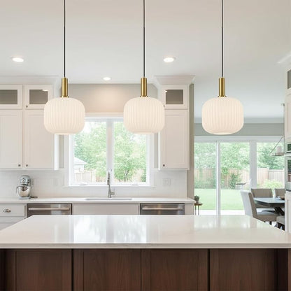 Plug in Pendant Light with Cord, 9.8" Milk Glass Hanging Light Fixture, White Ribbed Globe Swag Lamp with On/Off Switch, Mid-Century Modern Hanging Lamp for Bedroom, Kitchen, Dining Room