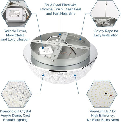 DAKASON LED Ceiling Light Fixture Flush Mount, Crystal Chandelier Modern Ceiling Light for Kitchen, Hallway, Living Room, Foyer, Closet, 12In 15W 1640LM, 3/4/5000K CCT Selectable, Dimmable