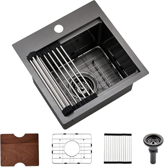 Drop In Bar Sink Black-Bokaiya 15x15 Inch Small Drop In Kitchen Sink Stainless Steel Wet Bar Outdoor Sink 16 Gauge Top Mount Single Bowl Basin with Cutting Board