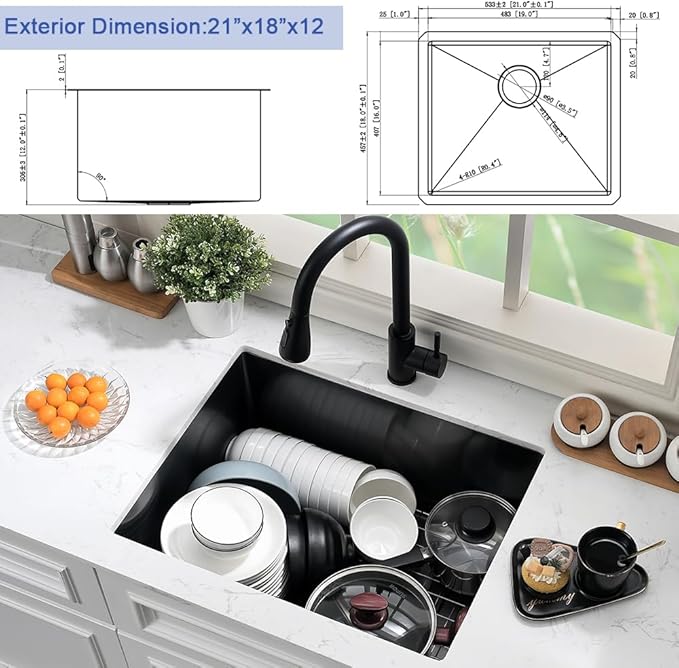 Black Stainless Steel Utility Sink Undermount-Hovheir 21"x18"x12" Matte Black Stainless Steel Laundry Sink Undermount Laundry Room Sink 16 Gauge Single Bowl Deep Kitchen Sink Outdoor Sinks
