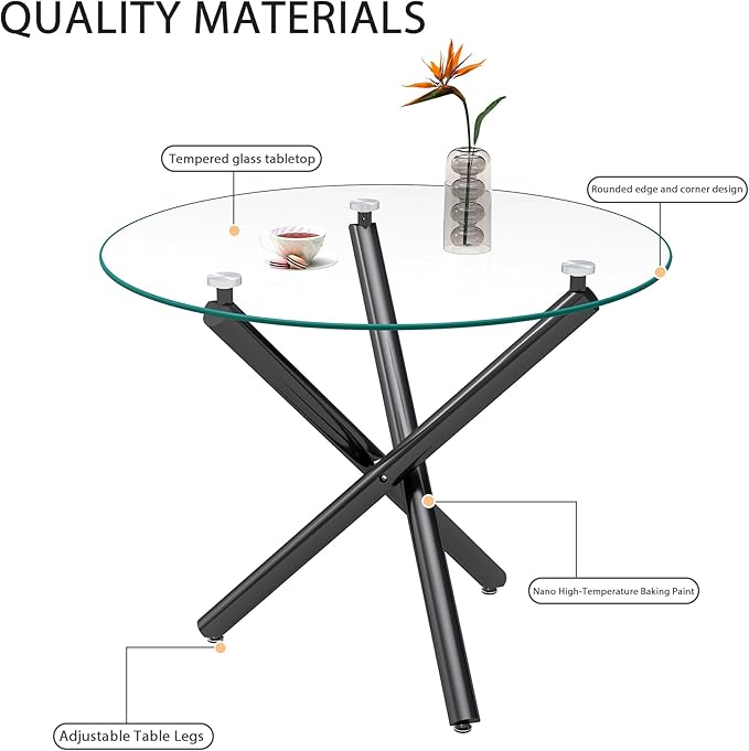 36" Round Glass Dining Table for 4, Modern Dining Room Table with Black Metal Cross Legs, Adjustable Foot Pads, Tempered Glass Top Kitchen Dinner Tables for Kitchen Dining Room Small Apartment