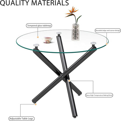 35.4'' Round Dining Table for 4 or 2, Glass Small Kitchen Table with Black Metal Tube Legs for Dining Room Living Room, Round Accent Tea Table Circular Dining Table