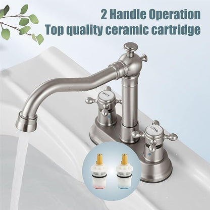 Aolemi 4 Inch Centerset Bathroom Sink Faucet Vintage 2 Cross Handle RV Mixer Tap Basin Vanity Lavatory Utility for Sink 3 Hole Include Hoses Pop Up Drain Faucet Handle with Label Brushed Nickel