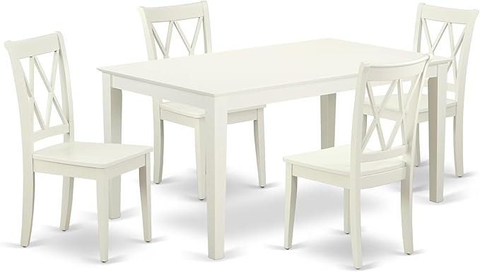 East West Furniture CACL5-LWH-W 5 Piece Kitchen Table Set for 4 Includes a Rectangle Dining Room Table and 4 Solid Wood Seat Chairs, 36x60 Inch, Linen White