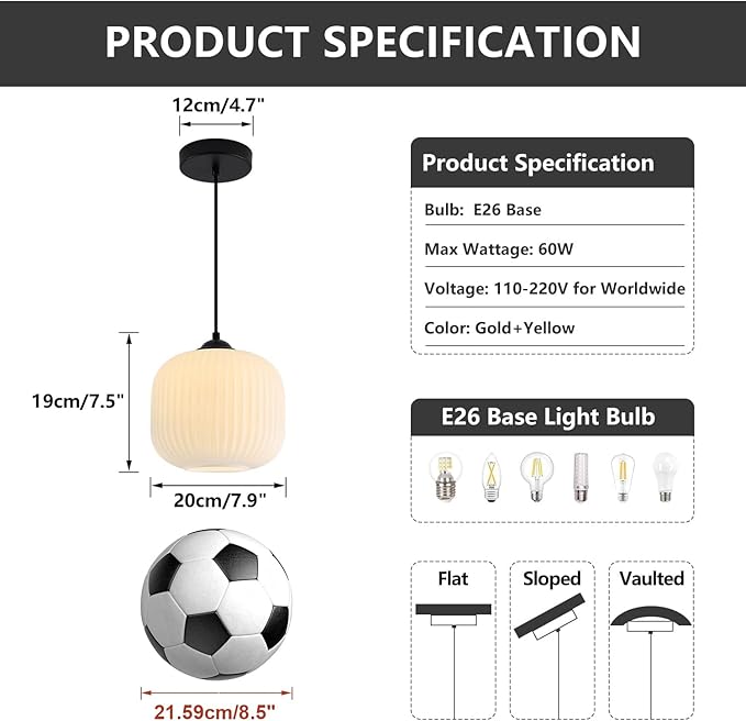 Milk Glass Round Pendant Light Striped Glass Pendant Lights Modern Globe Pendant Lights Kitchen Island Black Mid Century Hanging Ceiling Light White Pendant Light Fixture (2 Pack)