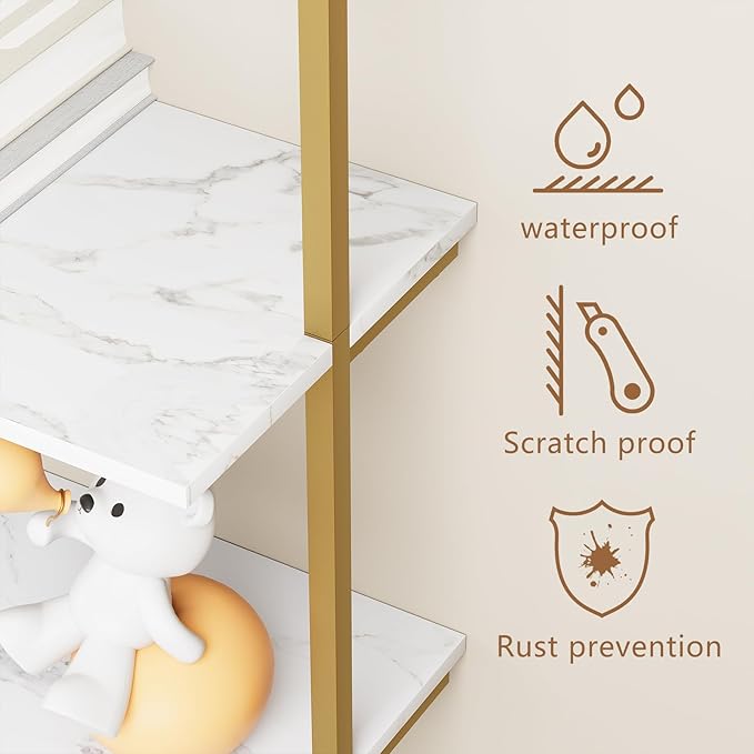 aboxoo Ladder Shelf 2PCS White Marble Bookshelf 5-Tier Wall-Mounted Wood Rack Open Industrial Modern Plant Flower Stand Utility Organizer Bookcase Metal Frame Furniture Office Kitchen Bedroom
