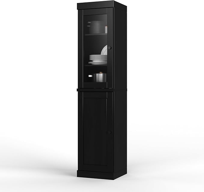 Palace Imports Solid Wood Kitchen Pantry - Narrow Storage Cabinet - 16.5" Wide x 71.5" Tall - 1 Raised Panel & 1 Glass Door, Black, Adjustable Shelves, 100% Eco-Friendly Wood, Modular Cabinets