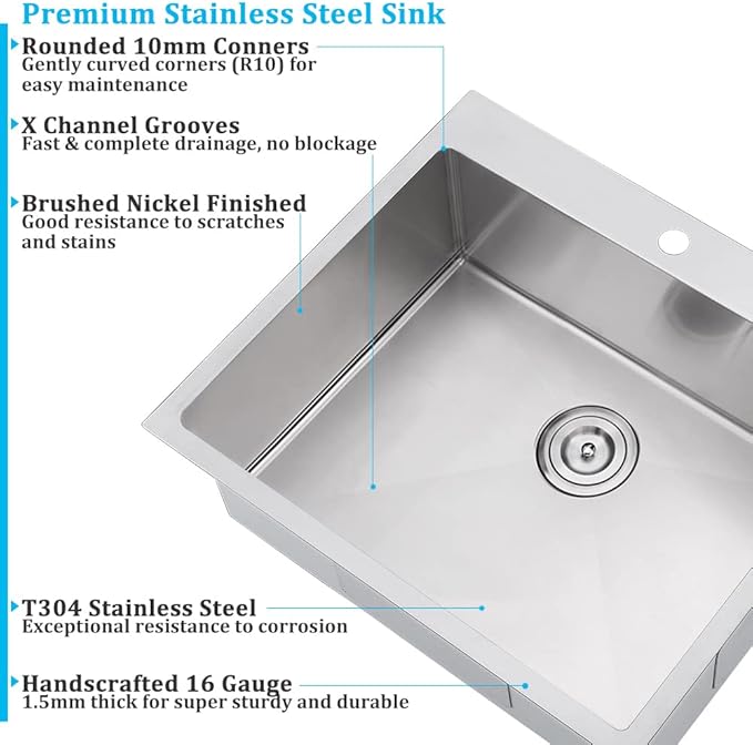 25 x 22 Inch Drop in Kitchen Sink 16 Gauge Stainless Steel Kitchen Sink 2-Holes 10 inch Single Bowl