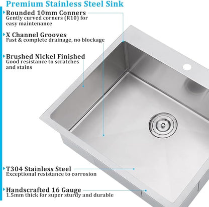 25 x 22 Inch Drop in Kitchen Sink 16 Gauge Stainless Steel Kitchen Sink 2-Holes 10 inch Single Bowl