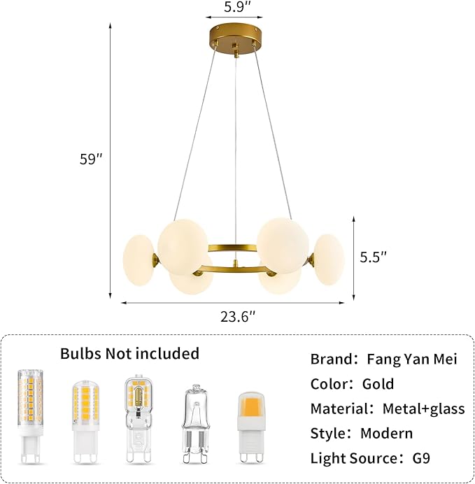 Modern Gold Chandelier, Mid Century Wagon Wheel Chandelier, 6-Light Globe Dining Room Light Fixture with Milk Glass Shades