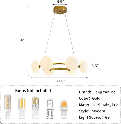 Modern Gold Chandelier, Mid Century Wagon Wheel Chandelier, 6-Light Globe Dining Room Light Fixture with Milk Glass Shades