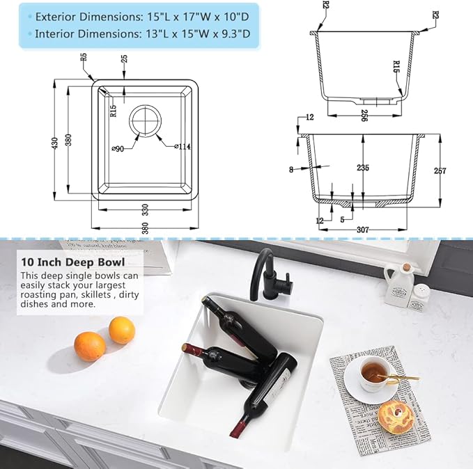 White Bar Sink Undermount-VASOYO 15x17 Small Kitchen Sink Undermount Wet Bar Sinks White Quartz Composite Deep Single Bowl Outdoor Rv Sinks with Bottom Grid