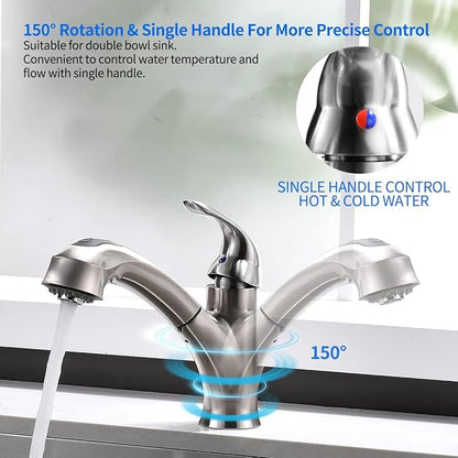 Kitchen Faucet with Sprayer, Brushed Nickel Kitchen Sink Faucet with Pull Out Sprayer, Single Handle 1 Hole Kitchen Faucets Solid Brass Commercial RV Kitchen Faucet 2 Modes & 150°Rotation & No Lead