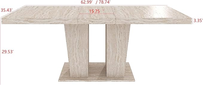 78.74" Extendable Dining Table for 6 8 10 Person, Modern Travertine Expandable Kitchen Table with Dual Column Pedestal Base, Large Rectangle Wooden Expanding Table for Kitchen Dining Conference Room