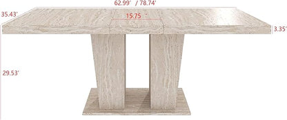 78.74" Extendable Dining Table for 6 8 10 Person, Modern Travertine Expandable Kitchen Table with Dual Column Pedestal Base, Large Rectangle Wooden Expanding Table for Kitchen Dining Conference Room