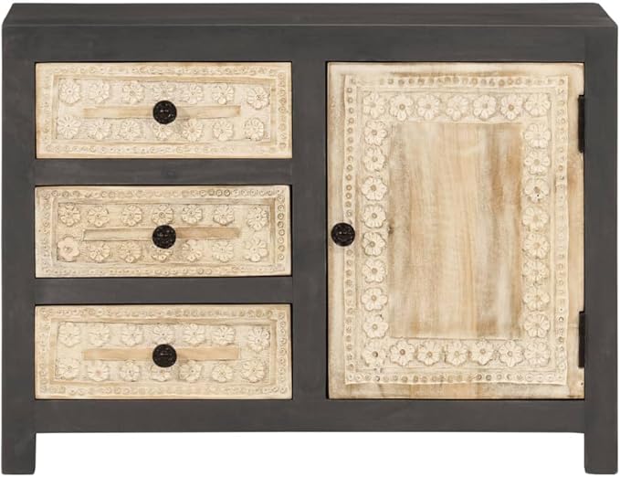 Modern Grey and White Sideboard, Solid Mango Wood, 29.5" Rectangular Buffet Cabinet with Soft-Close Drawers, Ample Storage for Dining Room, Living Room Furniture Kitchen Furnitur
