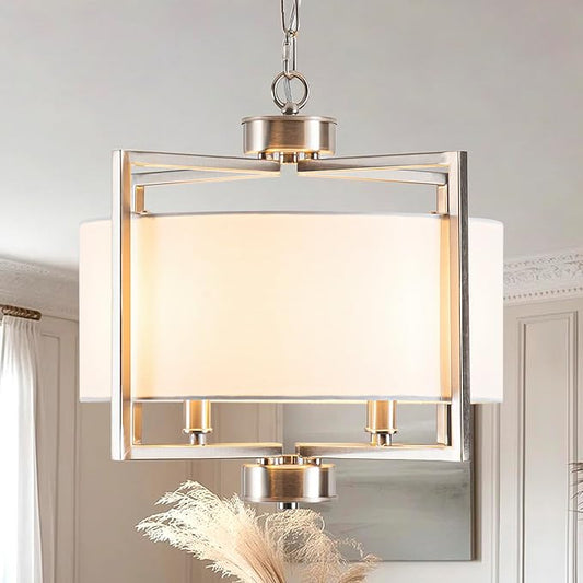 Modern Drum Chandelier for Dining Room, 4 Light Adjustable Rustic White Fabric Drum Chandeliers, Brushed Nickel Farmhouse Lights Hanging Light Fixture for Bedroom Living Room Hallway
