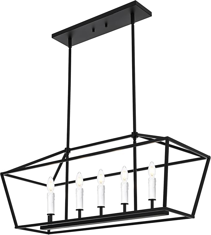 VINLUZ E12 5 Light Industrial Kitchen Island Lighting in Black and White Finish Classic Pendant Light Metal Chandelier Hanging Lights for Living Room