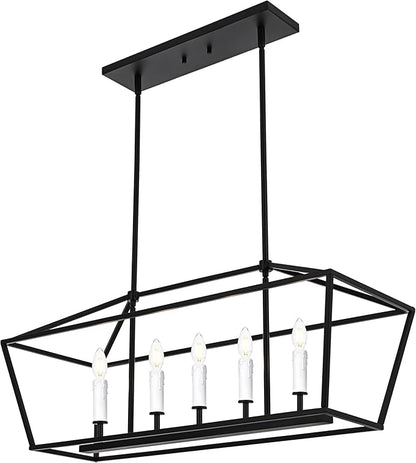 VINLUZ E12 5 Light Industrial Kitchen Island Lighting in Black and White Finish Classic Pendant Light Metal Chandelier Hanging Lights for Living Room