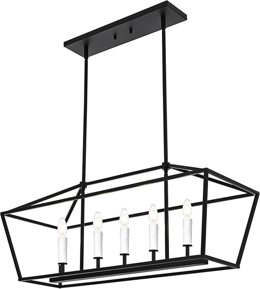VINLUZ E12 5 Light Industrial Kitchen Island Lighting in Black and White Finish Classic Pendant Light Metal Chandelier Hanging Lights for Living Room