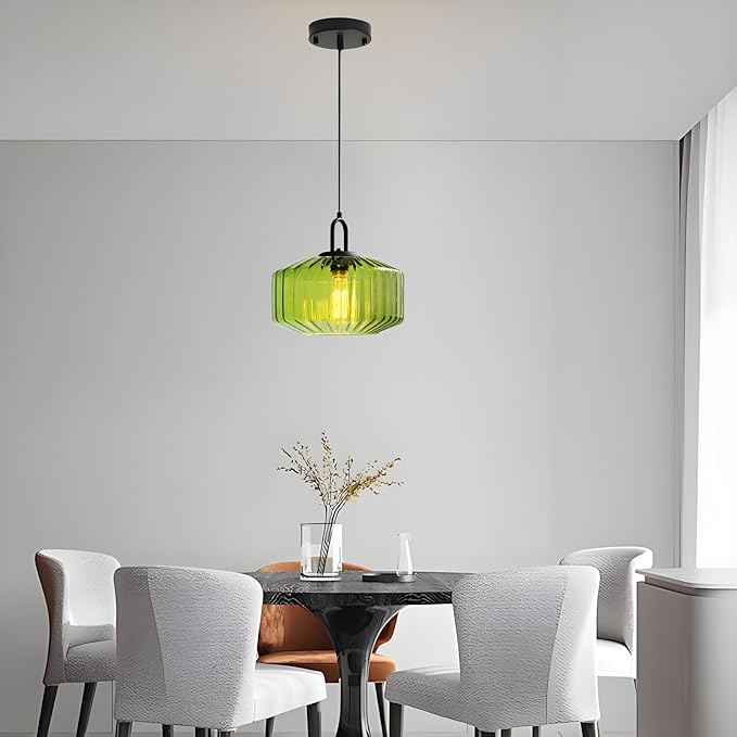 11-Inch Vintage Industrial Ribbed Glass Pendant Light Adjustable Height E26 Hanging Light for Kitchen Island Dining Room Bedroom Living Room Bar (Green)