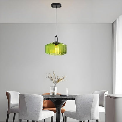 11-Inch Vintage Industrial Ribbed Glass Pendant Light Adjustable Height E26 Hanging Light for Kitchen Island Dining Room Bedroom Living Room Bar (Green)