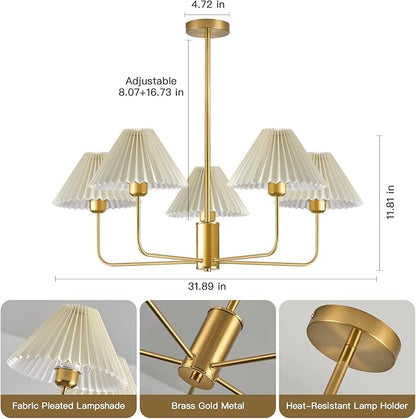 Gold Chandelier Light Fixture, 5-Lights Mid Century Chandelier with Shades for Dining Room Light Fixture, Adjustable Height White Pleated Farmhouse Pendant Light for Bedroom Ceiling Lamp