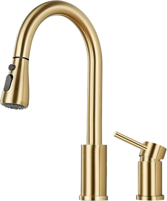 Pull Down Kitchen Faucet 2 Hole - Brushed Gold Single Handle Kitchen Faucets, High Arc Stainless Steel Pull Out Kitchen Sink Faucet for RV Laundry Farmhouse Bar