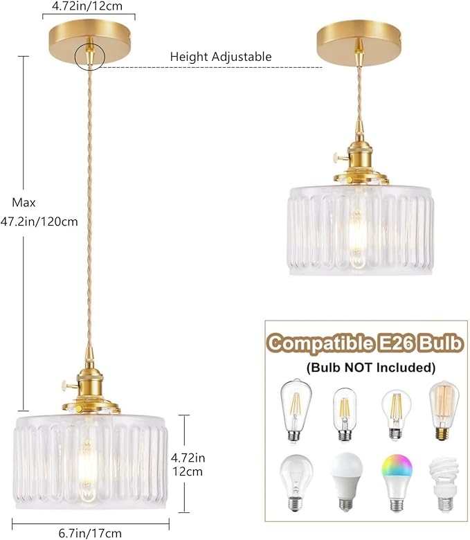Glass Pendant Light, Vintage Brass Pendant Lighting Fixture Farmhouse Rustic Industrial Gold Hanging Lamp for Kitchen Island Dining Room Bedroom