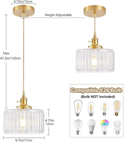 Glass Pendant Light, Vintage Brass Pendant Lighting Fixture Farmhouse Rustic Industrial Gold Hanging Lamp for Kitchen Island Dining Room Bedroom