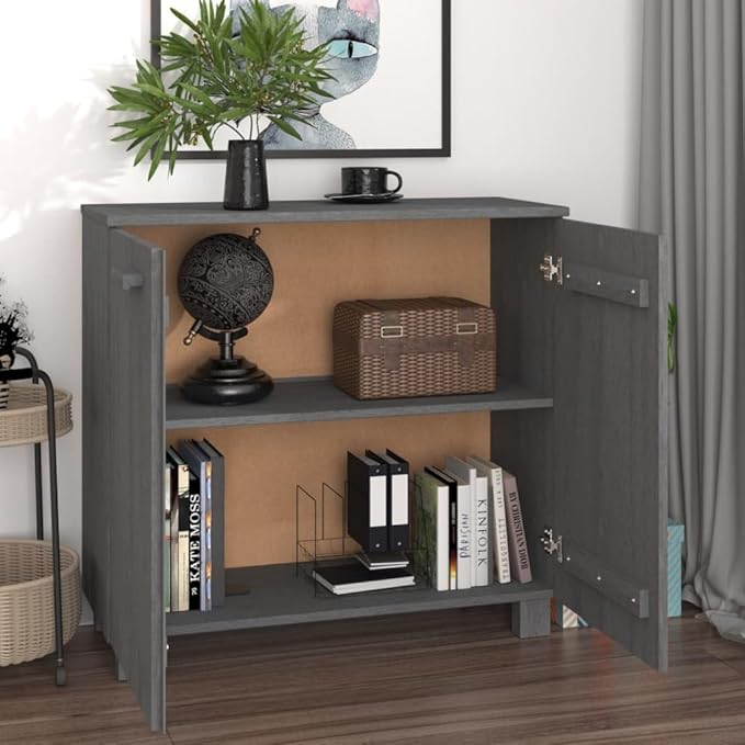 Dark Grey Sideboard 33.5"x31.5"x13.8" Solid Pine Wood Buffet Cabinet with 2 Doors Ample Shelves Rustic Coffee Bar Storage for Living Room Dining Kitchen Entryway