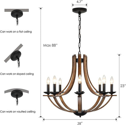 LAMPKEDUO Rustic Farmhouse Dining Room Chandelier Light Fixture, 8-Light 28" Adjustable Chandelier for Kitchen Island, Living Room, Foyer, Staircase, Restaurant, Showroom, Villa, Faux Walnut