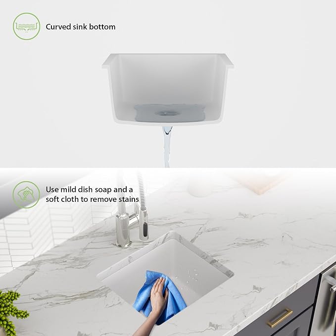 18x16 Inch Undermount Kitchen Granite Composite Sink - 18 inch White Granite Sink Quartz Classic Under Counter Ledge Single Bowl Sink Basin(18"x16") LOF-GC1816