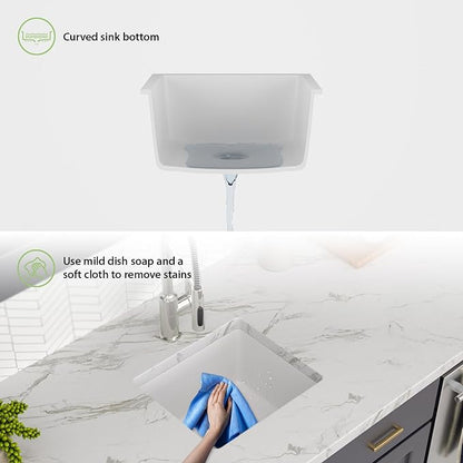 18x16 Inch Undermount Kitchen Granite Composite Sink - 18 inch White Granite Sink Quartz Classic Under Counter Ledge Single Bowl Sink Basin(18"x16") LOF-GC1816
