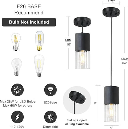 2-Pack Black Pendant Light Fixtures, Adjustable Modern Pendant Lights for Kitchen Island, Industrial Clear Glass Pendant Lights for Dining Table Hallway Bedroom Living Room