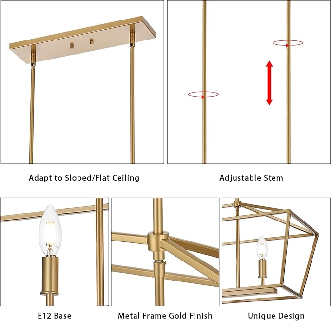 Modern Kitchen Island Lighting,6-Light Linear Farmhouse Chandelier Industrial Pendant Light Fixtures with Gold Metal Frame for Bar, Dining Room, Living Room,Restaurant,Foyer