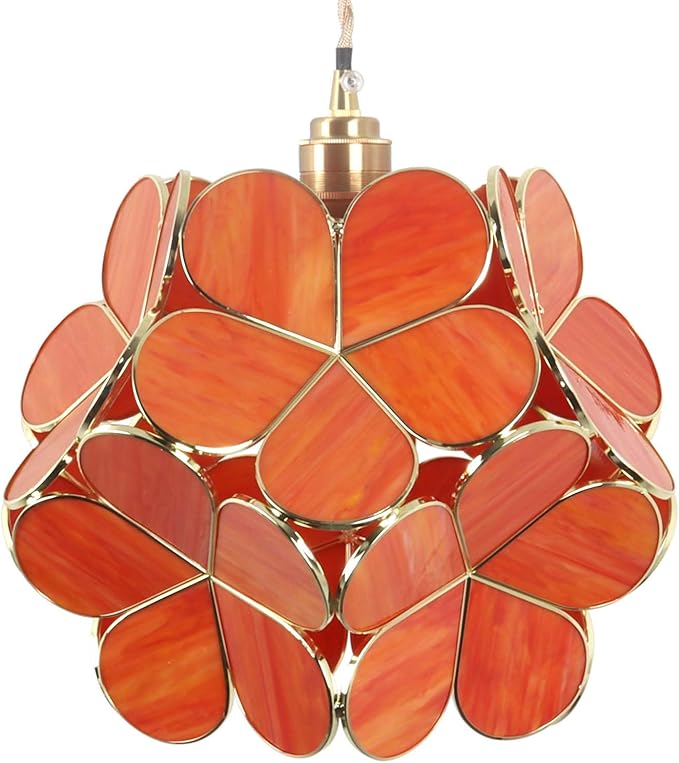Bieye L10919 Petals Tiffany Style Stained Glass Ceiling Pendant Light for Home Decoration (Orange, 12" Cherry Blossom)