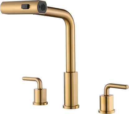 Kitchen Sink Faucet with Pull Down Sprayer - Brushed Gold 3 Hole Stainless Steel Kitchen Faucets - 2 Handle 8 Inch Champagne Bronze Waterfall Sinks Faucet for Laundry Farmhouse Three Holes Set