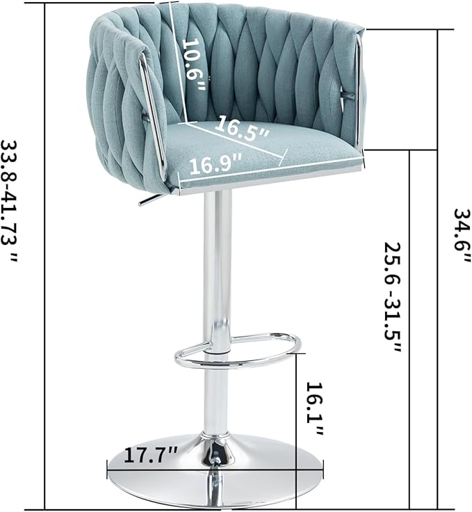 360° Swivel Fabric Bar Stools Set of 2 (Blue) - Adjustable Counter Height Chairs with Woven Back, Footrest,Silver Chrome Metal Frame - Sturdy 250LBS Capacity for Kitchen Island, Cafe, Pub.