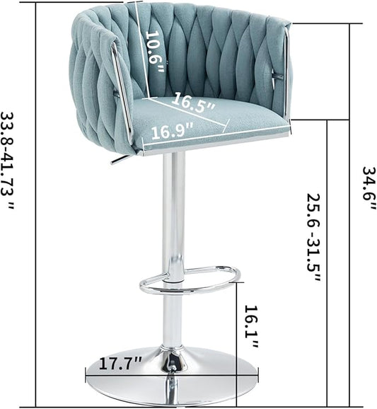 360° Fabric Cover Swivel Bar Stools Set of 2, Adjustable Counter Height Bar Chairs with Woven Back Footrest, Silver Chromed Bar Stools for Kitchen Island, Cafe, Pub (Blue) YD973